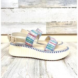 Dolce Vita Womens 8 Drake Platform Sandals Ivory Multi Plaid Buckle NEW Chunky